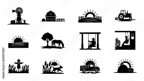 Cuadro en lienzo Farm Life Vector Icons Set: Rural Scenes, Agriculture, Countryside Living, 12 El