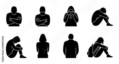 Bild auf Leinwand Vector Icons: Diverse Human Silhouettes Depicting Sadness, Isolation, and Mental