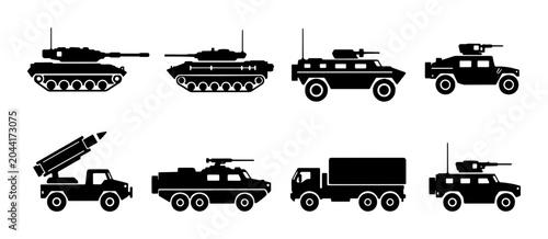 Foto Military Vehicle Icons Set: Tanks, Armored Cars, Rocket Launcher Truck, and Humv