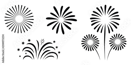 Firework icons set, black festive explosion symbols, celebration graphics elements, party sparkle burst vector design collection.