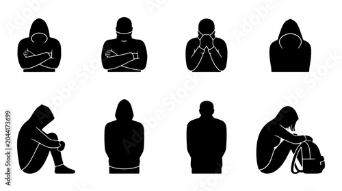 Foto Hooded Figures Silhouette Set, Diverse Poses of Sadness and Isolation, Vector Ic
