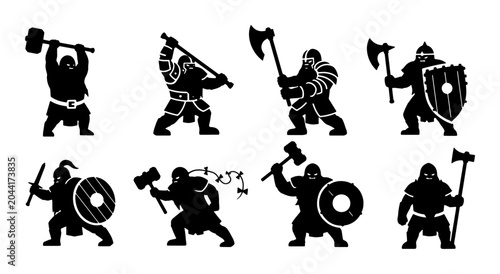 Canvas Print Medieval Warrior Silhouettes, Viking Battle Poses, Fantasy Combatants Set, Ancie