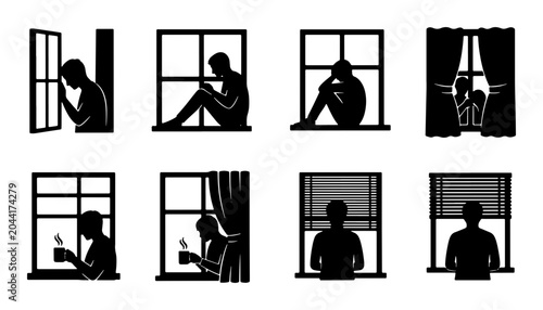 Photos Silhouette Figures in Windows, Contemplation and Isolation, Vector Icons Set