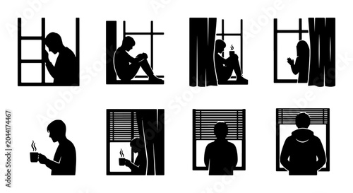 Canvastavla Silhouette Figures Looking Out Windows, Contemplative Mood, Urban Solitude, Vect