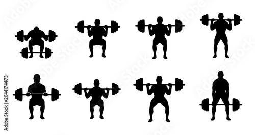 Tableau sur toile Weightlifting Silhouettes, Barbell Exercise Poses, Strength Training Icons, Fitn