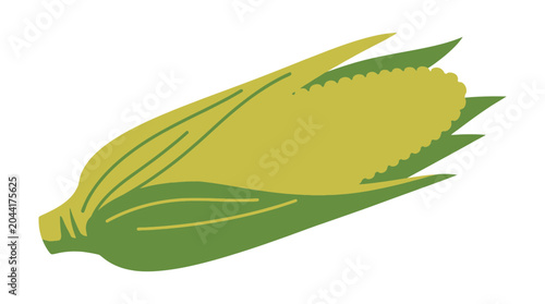Stylized vector illustration of a fresh corn cob with green husks isolated on white