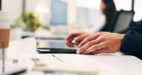 Fotografie Hands, person and closed laptop in office for productivity, finish project and deadline of investment