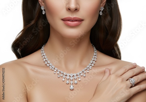 Elegant diamond necklace and earrings set adorning a woman s neck and ear