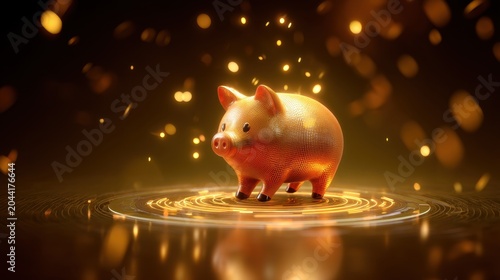 Shiny Piggy Bank on Golden Background with Sparkling Lights for Financial Savings and Wealth Concepts