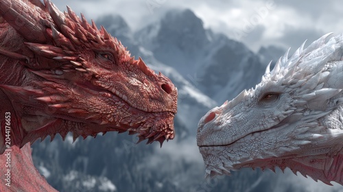 Two Majestic Dragons with Stunning Scales Face Each Other Against a Dramatic Mountain Landscape Background