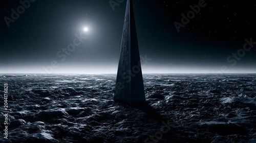 Ancient monument rises from lunar plains beneath a starlit ethereal cosmic vista