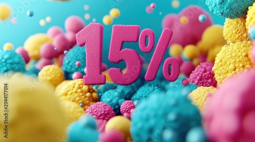 Colorful spheres and a number display a discount in a vibrant setting