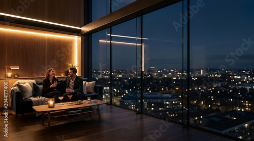 Elegant couple relaxing in a modern high rise apartment at night