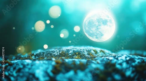 Moonlight shines above a rocky surface in a forest at night
