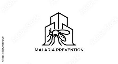 Illustrated mosquito and buildings for malaria prevention logo.