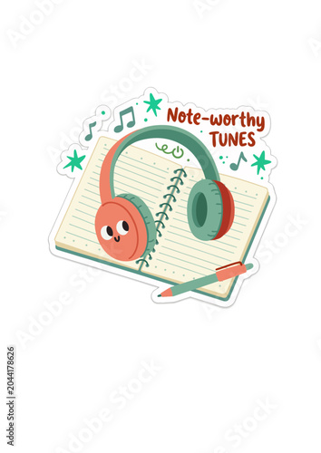 Cute Music Notebook with Smiling Headphones and Pencil for School Study and Learning
