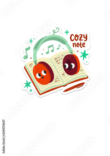 Cute cartoon headphones on an open book with musical notes and stars, cozy learning illustration