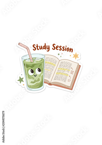 Cute Green Smoothie Character Studying with Open Book and Notes for School Session