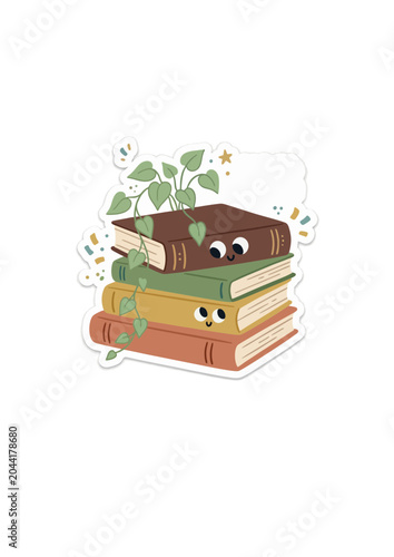 Cute Stack of Smiling Books with Leaves Growing for Back to School Season Illustration