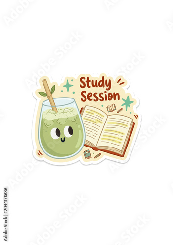Cute Green Smoothie Character Smiling During Study Session with Books and Pencil Vector Illustration