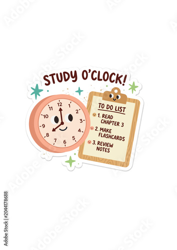 Study Time Reminder with To-Do List and Smiling Clock Illustration for School Productivity
