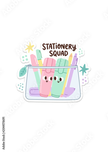 Cute cartoon stationery set with smiling highlighters and school supplies in pastel colors