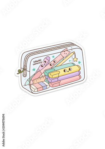 Cute Kawaii School Supplies Unpacking in Cartoon Backpack with Smiling Stationery