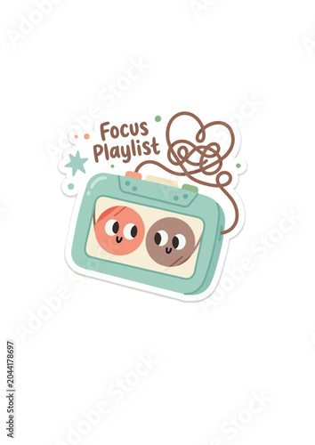 Cute retro cassette tape with smiling faces and focus playlist text for school motivation vector illustration