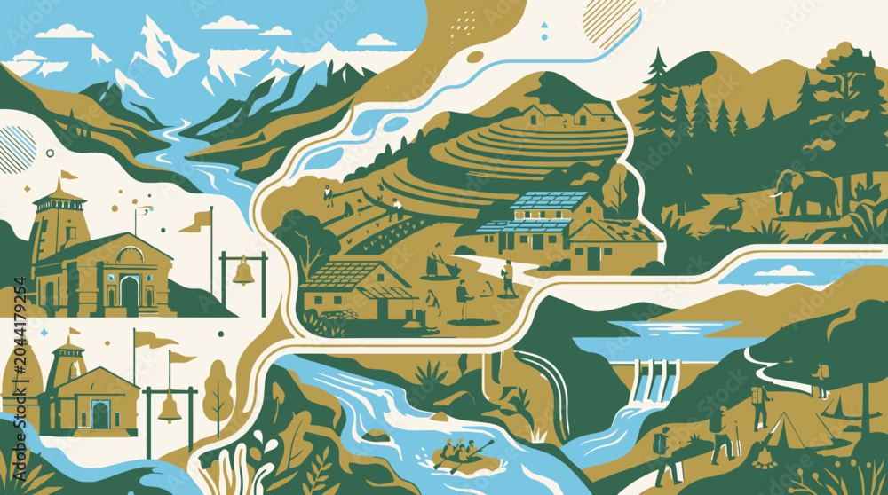 Fototapeta premium Uttarakhand vector landscape with himalayan peaks and cultural icons