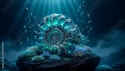 Glowing Crystal Ammonite Fossil with Teal Gemstones in Deep Ocean