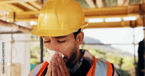 Canvastavla Architect, sick or man blowing nose with tissue for influenza, disease or virus on construction site