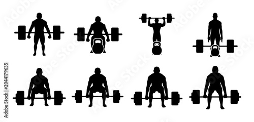 Fotografia Weightlifting Silhouettes Set, Barbell and Kettlebell Exercises, Strength Traini