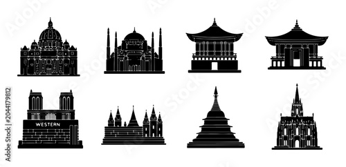 Schilderij op canvas Global Landmarks Collection, Iconic Architecture Silhouettes, Famous Buildings V