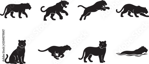Photos A set of eight black elephant silhouettes in various poses and sizes on white background, showcasing different elephant behaviors and characteristics in a vector graphic illustration