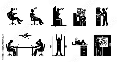 Εκτύπωση καμβά Office Break Icons, Relaxing Employee Silhouettes, Business Downtime Vector Set,