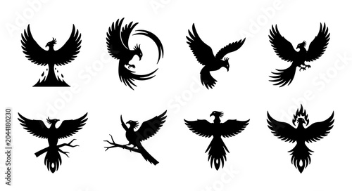 Konstfotografi Phoenix Vector Icons Set, Mythical Bird Silhouettes for Branding and Design, Fie