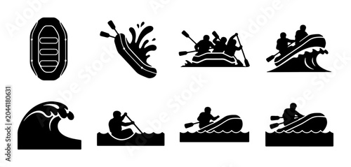 Photos Rafting Icons Set: White Water Adventure, River Kayaking, Water Sports, Extreme