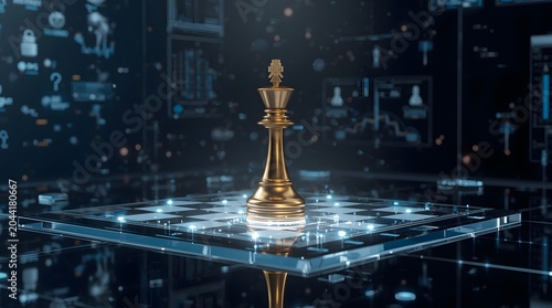 Golden Chess King on Digital Board Represents Strategy and Leadership.