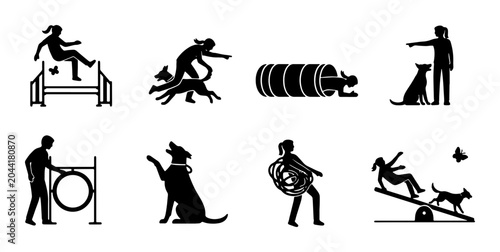 Foto Dog Agility Training Icons, Canine Sports Silhouettes, Pet Obedience Vector Set,
