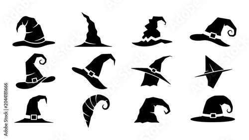 Foto Witch Hats Collection, Spooky Halloween Headwear Icons, Magical Wizard Caps Vect