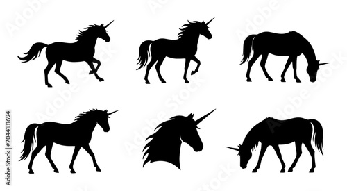 Canvastavla Set of Six Black Unicorn Silhouettes, Mythical Horse Vector Icons, Fantasy Creat
