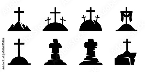 Fotografia Grave Markers, Cemetery Crosses, Tombstone Icons: Vector Set for Memorial and Re
