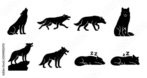 Tableau sur toile Wolf Silhouette Collection, Wild Animal Poses Vector Set, Canine Wildlife Icons,