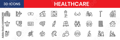 Senior Care and Healthcare Line Icons Set – Elderly Support, Medical, Wellness and Assisted Living Outline Vector Collection