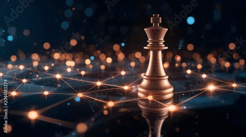 King Chess Piece on a Digital Network Representing Strategy and Leadership.