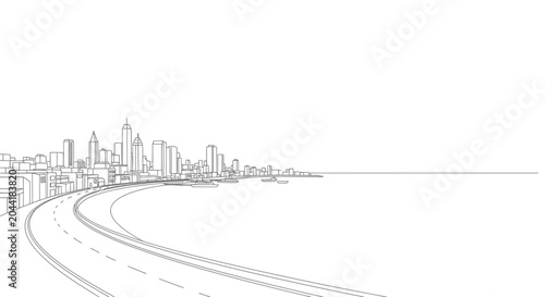 Konstfotografi Line art drawing of a coastal city skyline with a curved bay road and skyscrapers