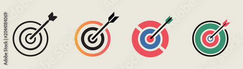  Goal Target Icon Set with Arrow – Success, Focus and Achievement Vector Collection. Target icon with arrow in center symbolizing goal, focus and accuracy. Bullseye pictogram for success, achievement,