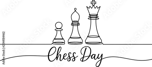 Fotografi Continuous single line drawing of chess pieces king bishop and pawn with chess d