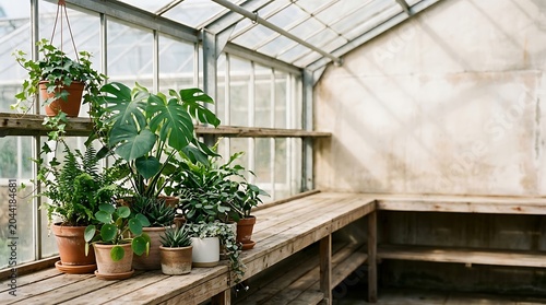 Tropical potted plants on wooden benches in a rustic greenhouse