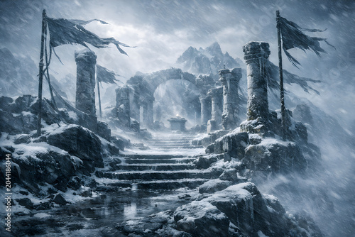 Ancient temple ruins buried in a harsh winter landscape, with broken stone pillars, torn banners, and snow swirling through the cold mountain air
